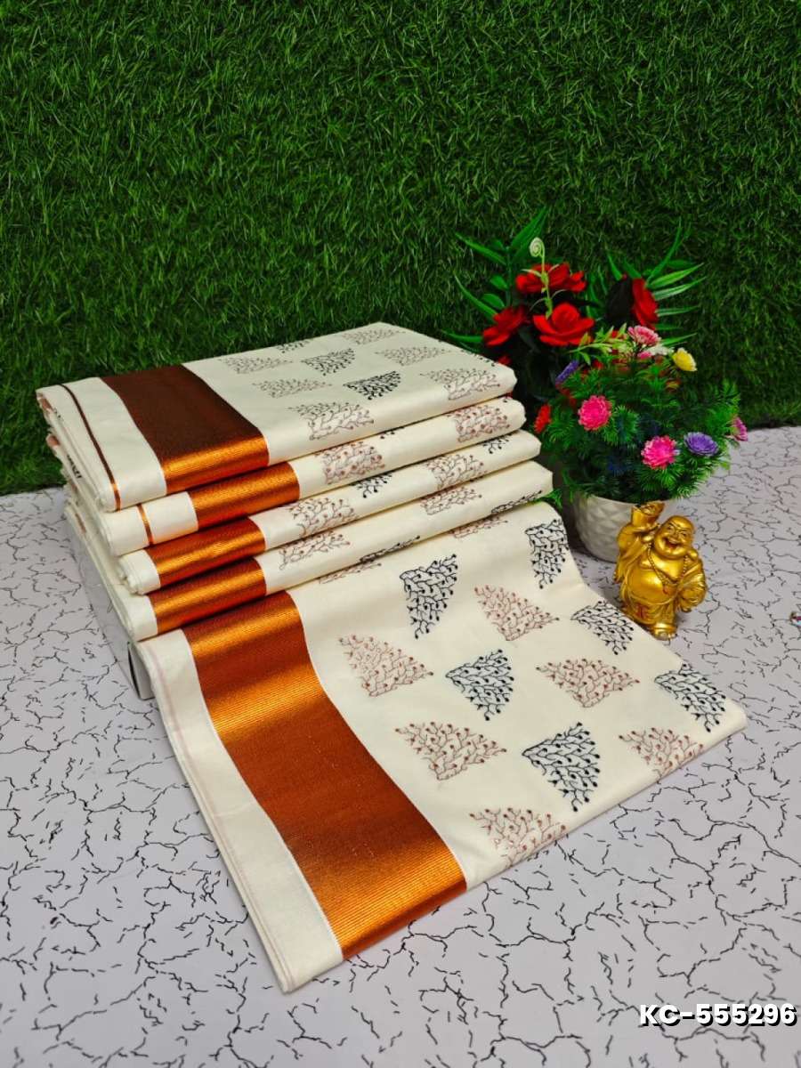 Trending Kerala Onam Special Kasavu Saree Full Work Embossed Digital Printing Cotton Saree Collections - WHITE N