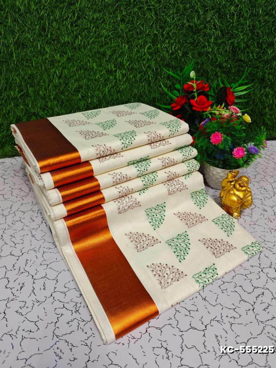Trending Kerala Onam Special Kasavu Saree Full Work Embossed Digital Printing Cotton Saree Collections - WHITE (1)