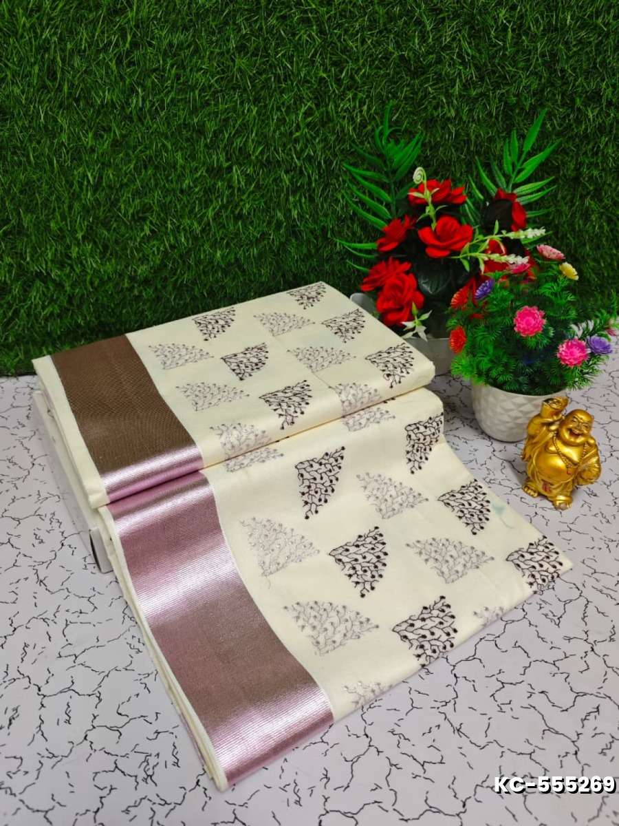 Trending Kerala Onam Special Kasavu Saree Full Work Embossed Digital Printing Cotton Saree Collections - BEIGE COLOUR (1)