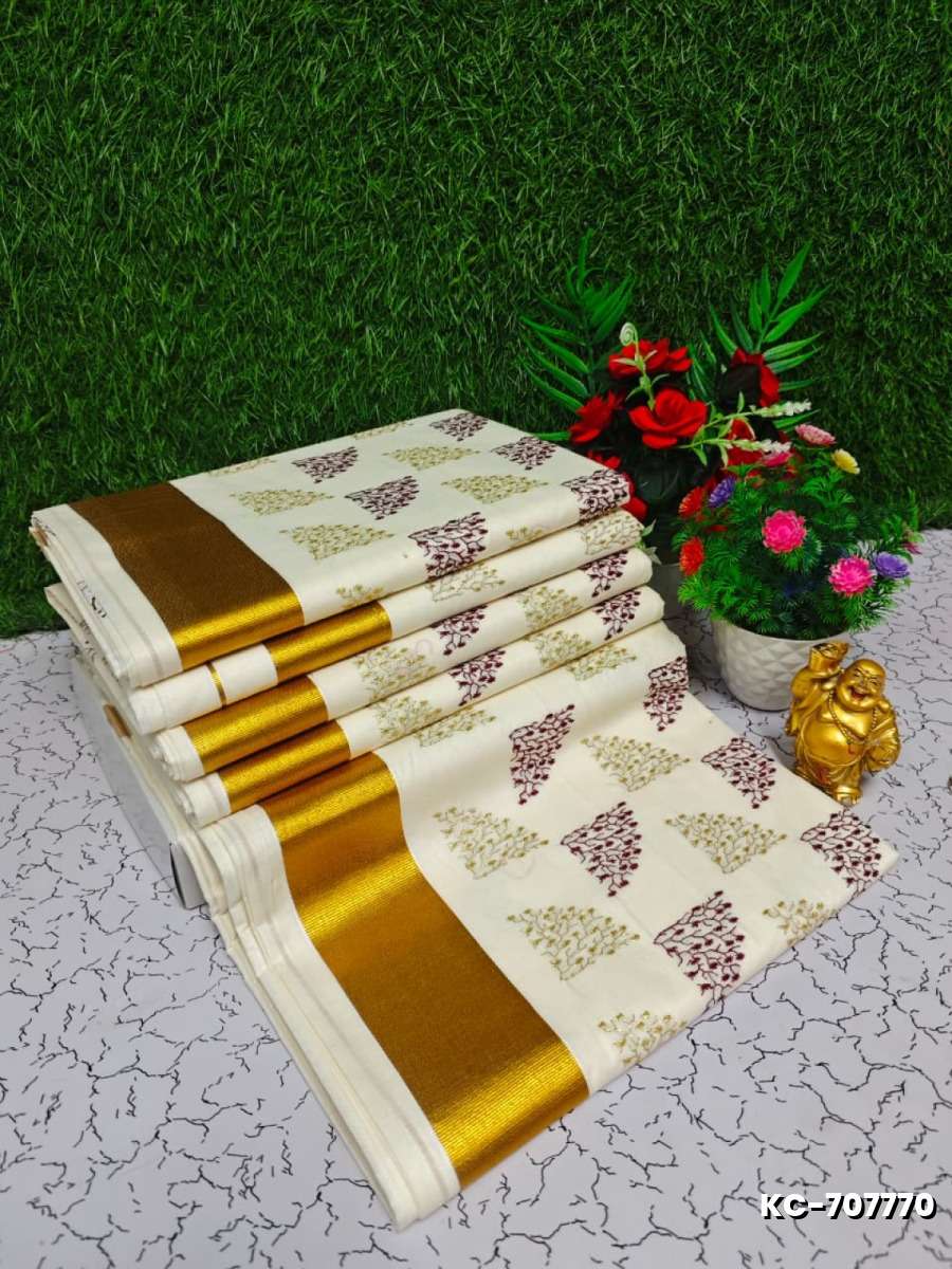 Trending Kerala Onam Special Kasavu Saree Full Work Embossed Digital Printing Cotton Saree Collections - IVORY COLOUR (2)