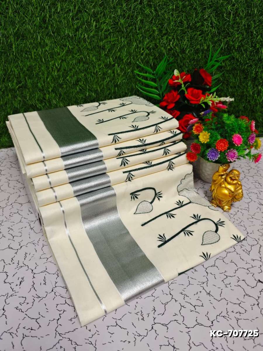 Trending Kerala Onam Special Kasavu Saree Full Work Embossed Digital Printing Cotton Saree Collections - WHITE (2)