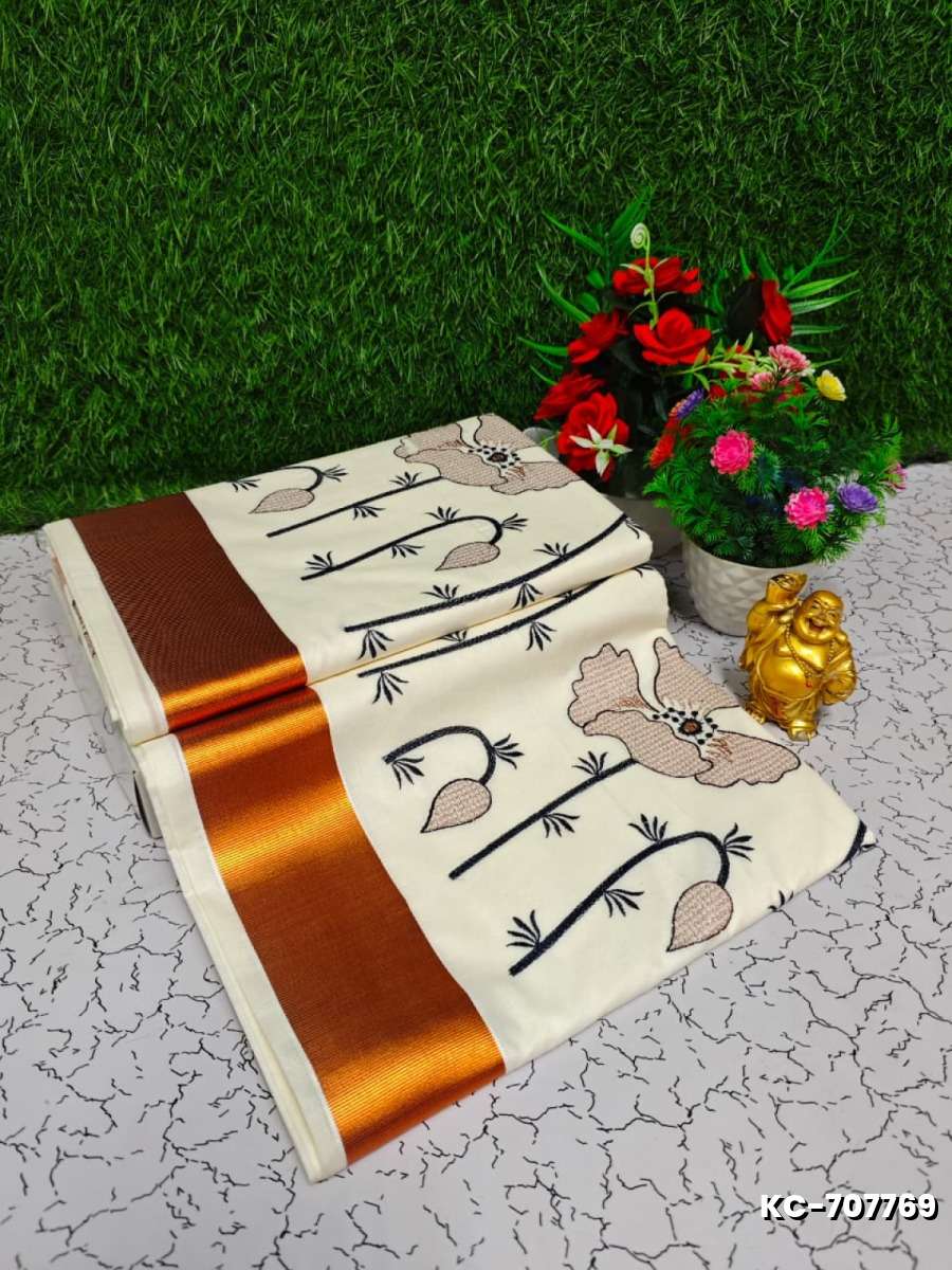 Trending Kerala Onam Special Kasavu Saree Full Work Embossed Digital Printing Cotton Saree Collections - BEIGE COLOUR (2)