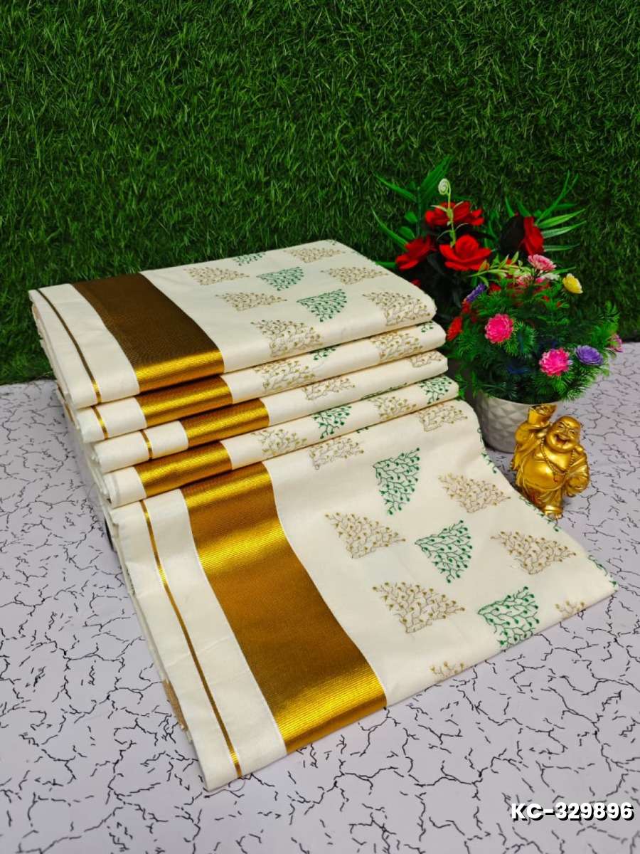 Trending Kerala Onam Special Kasavu Saree Full Work Embossed Digital Printing Cotton Saree Collections - WHITE N (2)