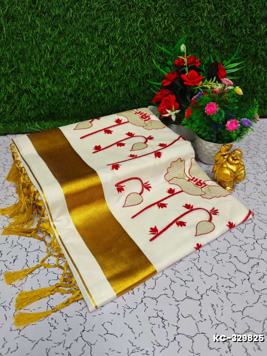 Trending Kerala Onam Special Kasavu Saree Full Work Embossed Digital Printing Cotton Saree Collections - WHITE (3)