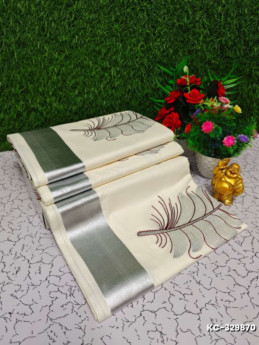 Trending Kerala Onam Special Kasavu Saree Full Work Embossed Digital Printing Cotton Saree Collections - IVORY COLOUR (3)