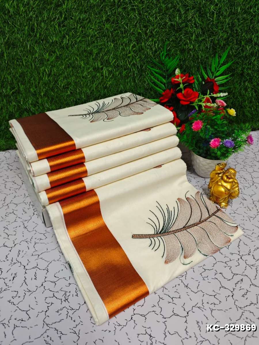 Trending Kerala Onam Special Kasavu Saree Full Work Embossed Digital Printing Cotton Saree Collections - BEIGE COLOUR (3)