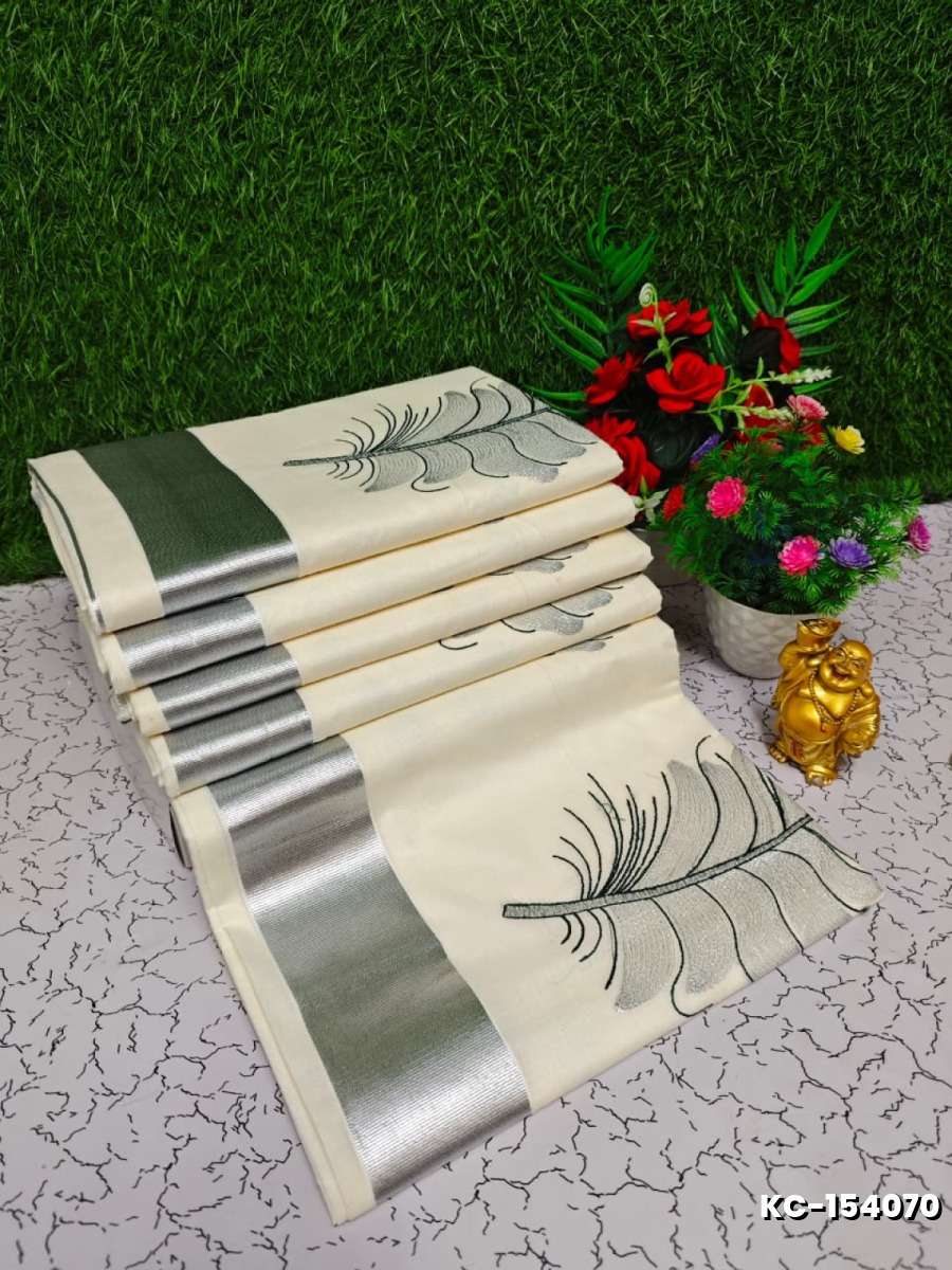 Trending Kerala Onam Special Kasavu Saree Full Work Embossed Digital Printing Cotton Saree Collections - IVORY COLOUR (4)