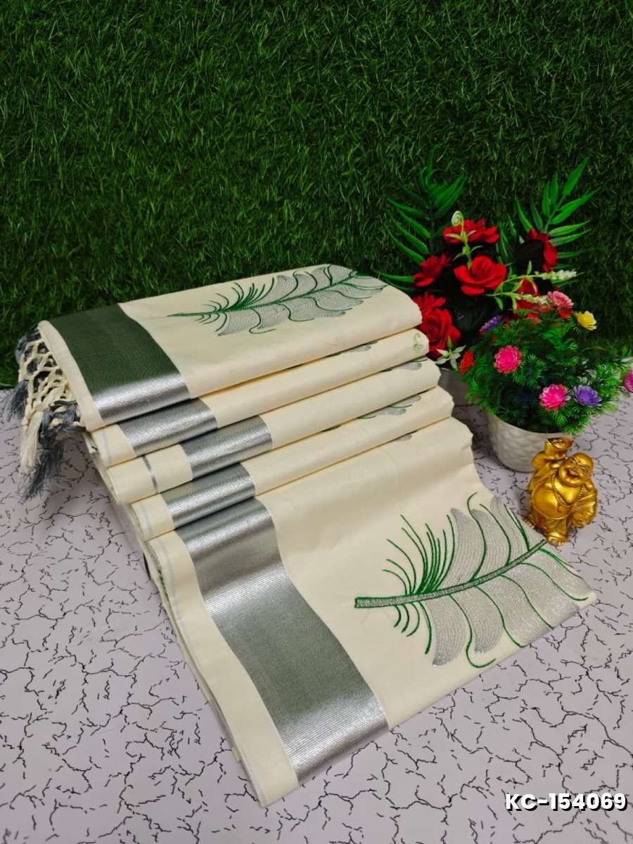 Trending Kerala Onam Special Kasavu Saree Full Work Embossed Digital Printing Cotton Saree Collections - BEIGE COLOUR (4)
