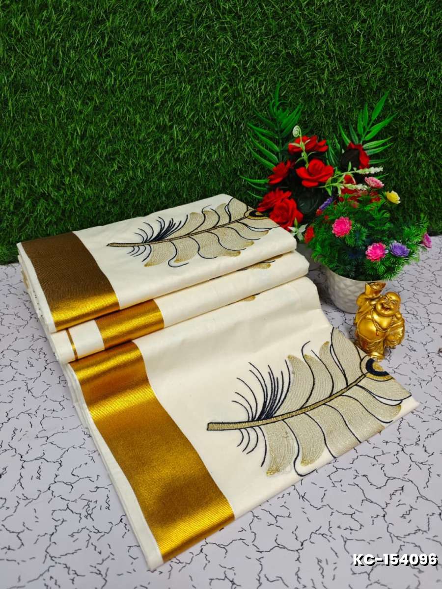 Trending Kerala Onam Special Kasavu Saree Full Work Embossed Digital Printing Cotton Saree Collections - WHITE N (3)