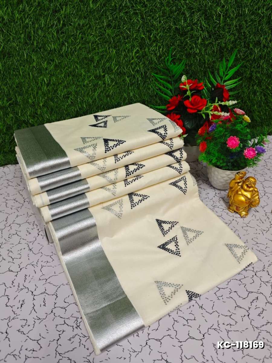 Trending kerala onam special kasavu saree full work embossed digital printing cotton saree collections - BEIGE COLOUR (5)