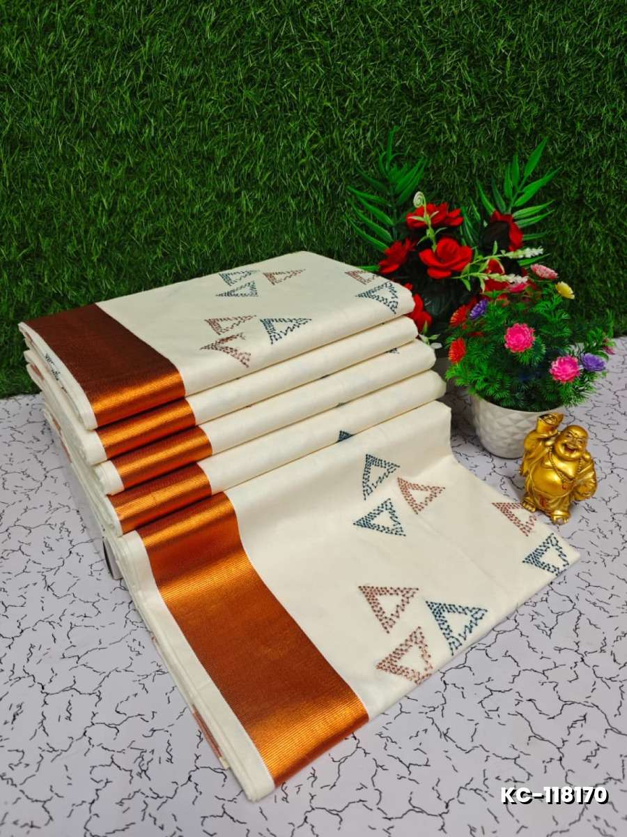 Trending kerala onam special kasavu saree full work embossed digital printing cotton saree collections - IVORY COLOUR (5)