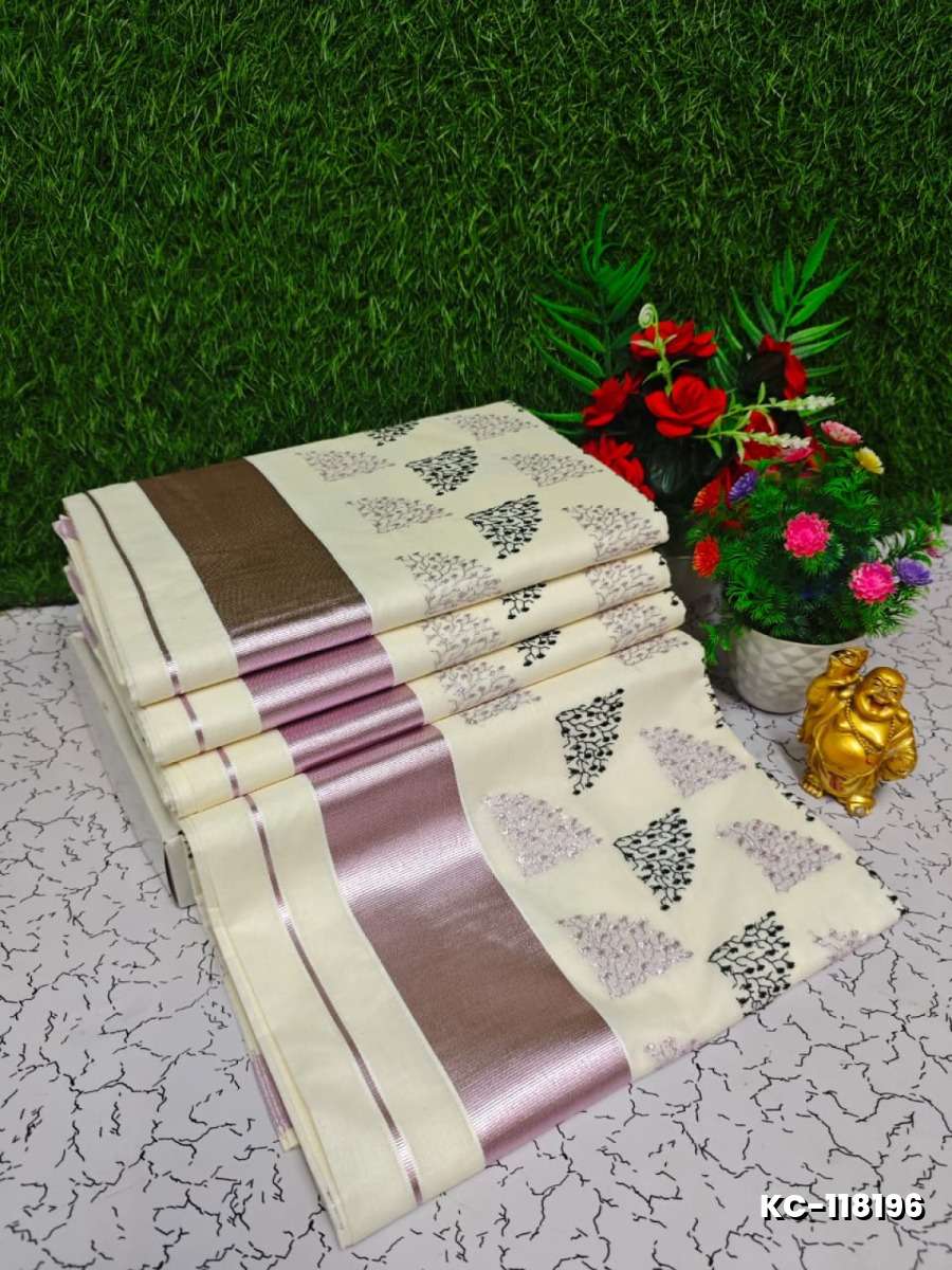 Trending kerala onam special kasavu saree full work embossed digital printing cotton saree collections - WHITE N (4)