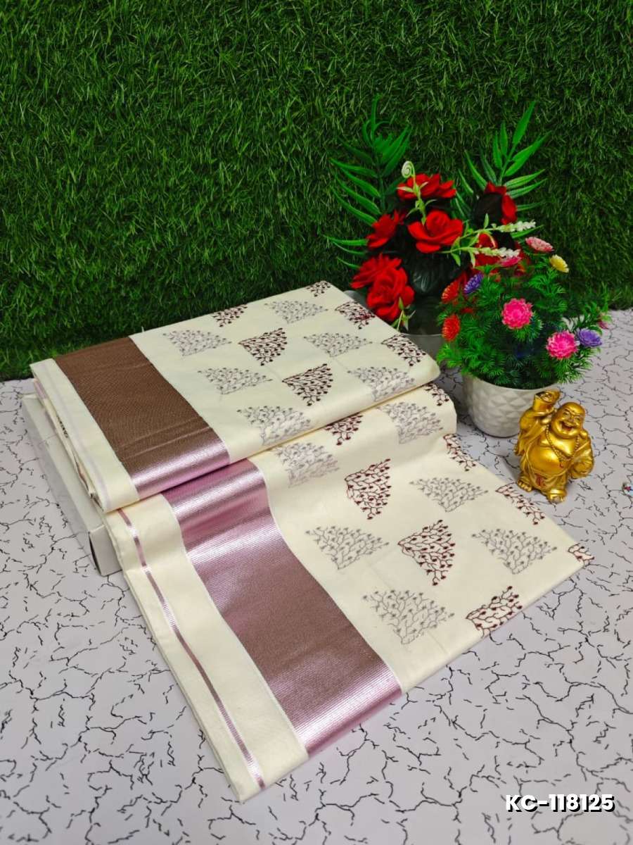 Trending kerala onam special kasavu saree full work embossed digital printing cotton saree collections - WHITE (5)