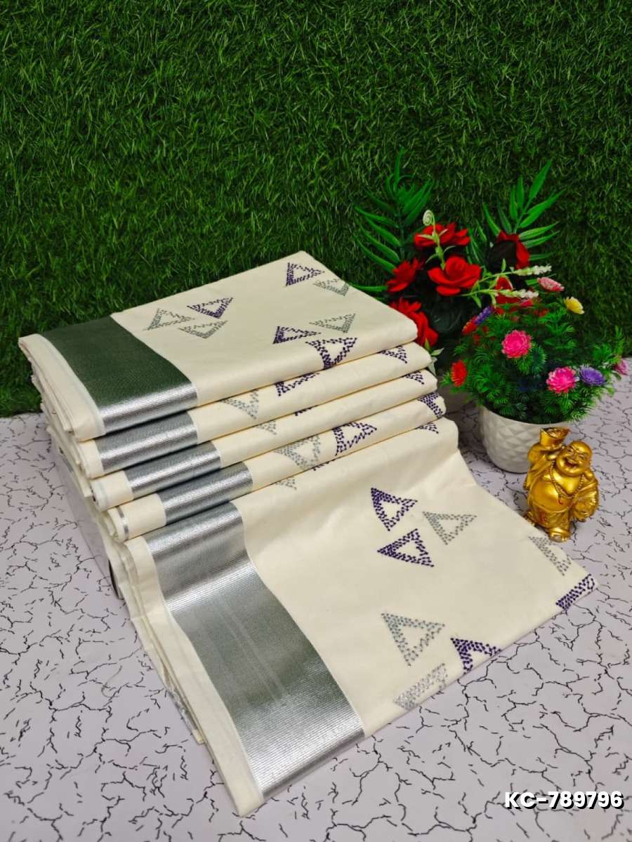 Trending kerala onam special kasavu saree full work embossed digital printing cotton saree collections - WHITE N (5)