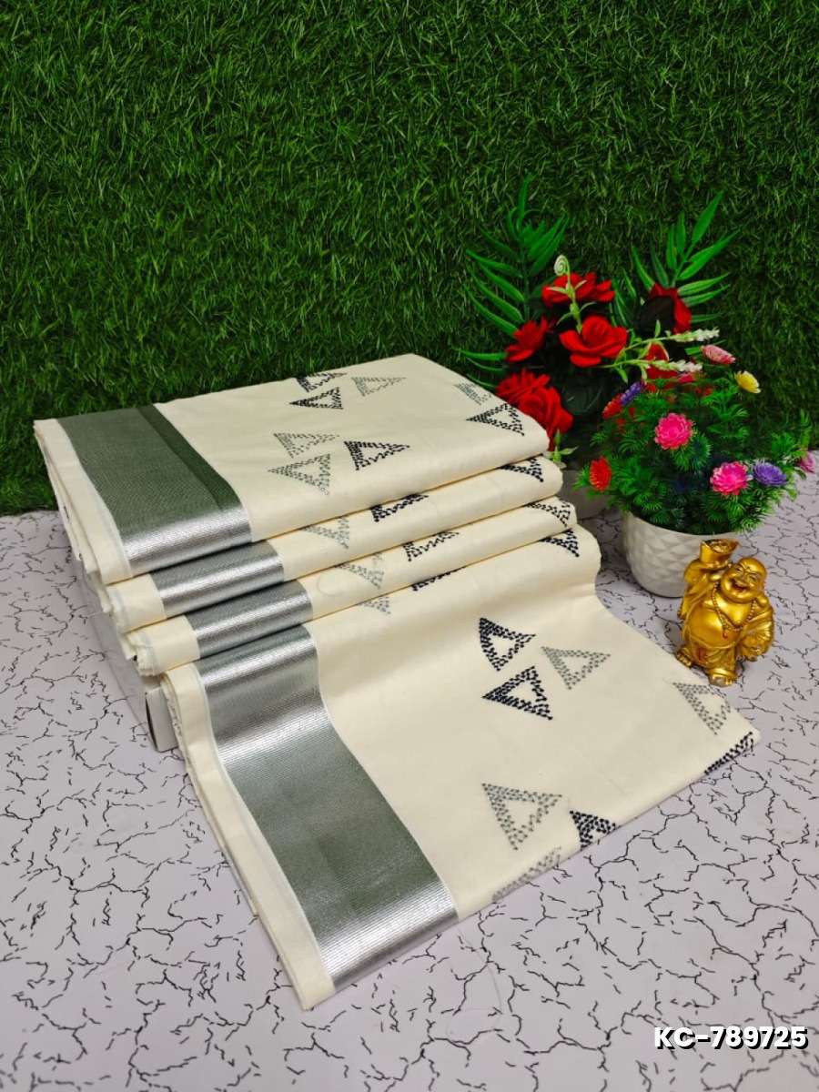 Trending kerala onam special kasavu saree full work embossed digital printing cotton saree collections - WHITE (6)