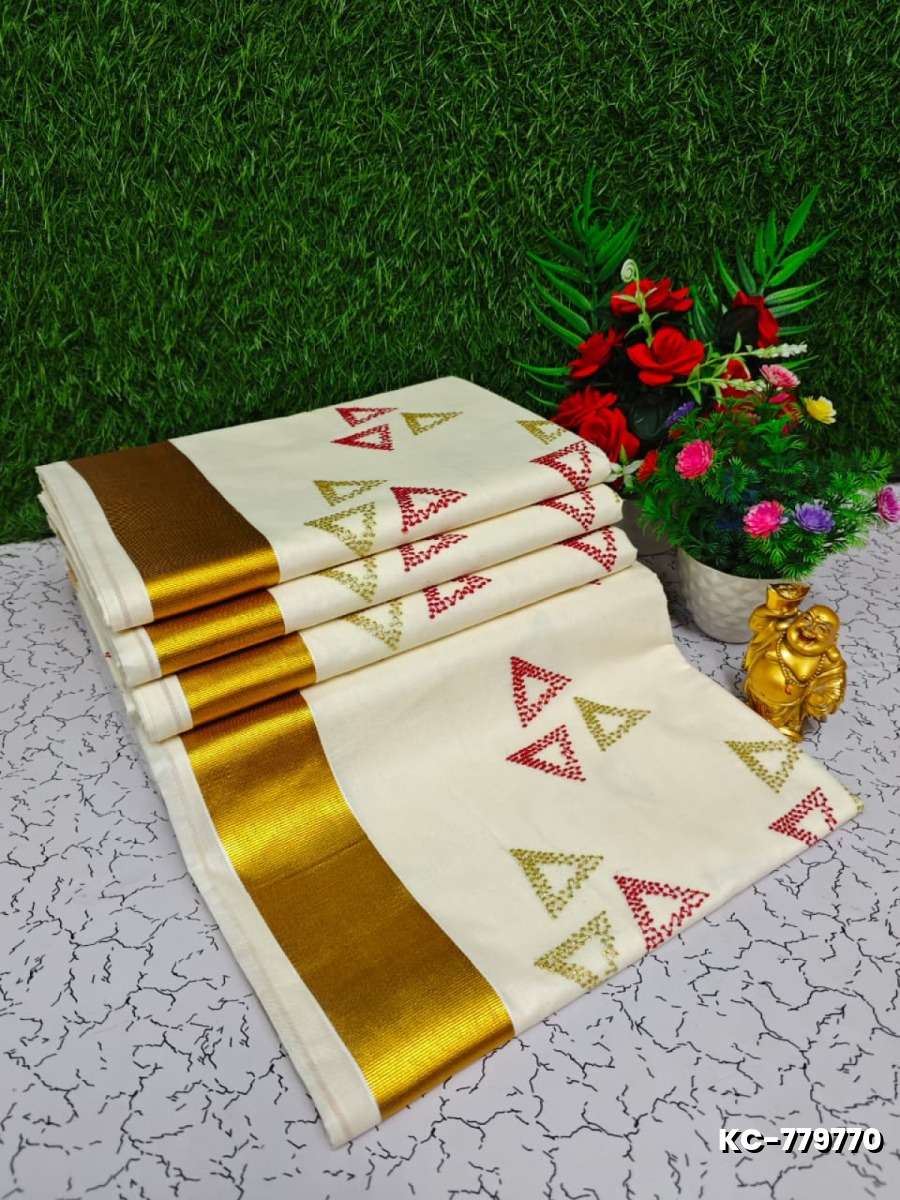 Trending kerala onam special kasavu saree full work embossed digital printing cotton saree collections - IVORY COLOUR (7)