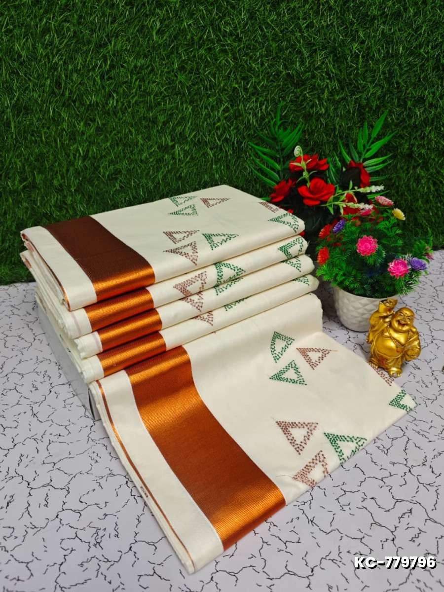 Trending kerala onam special kasavu saree full work embossed digital printing cotton saree collections - WHITE N (6)