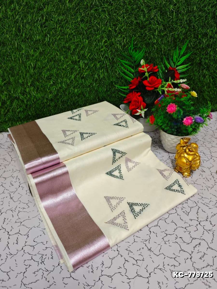 Trending kerala onam special kasavu saree full work embossed digital printing cotton saree collections - WHITE (7)