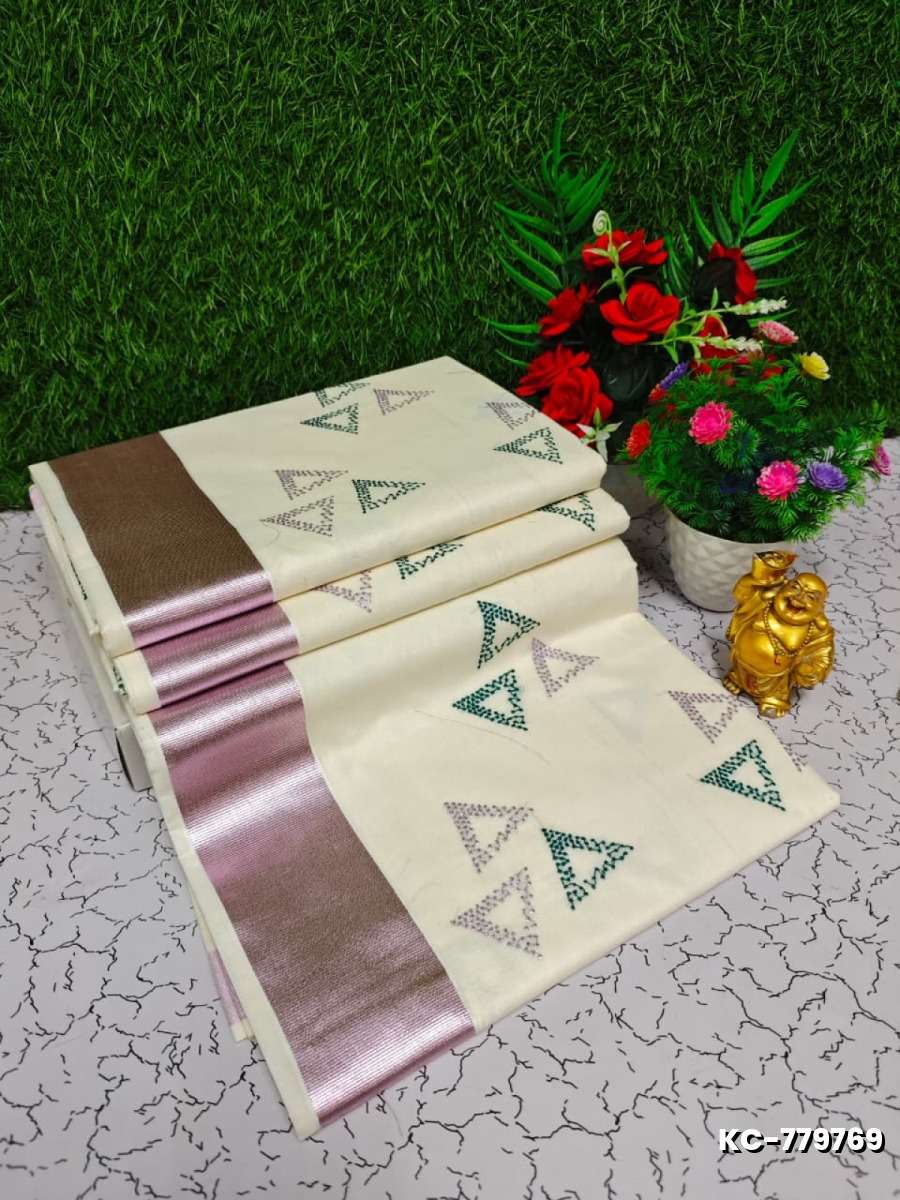 Trending kerala onam special kasavu saree full work embossed digital printing cotton saree collections - BEIGE COLOUR (7)