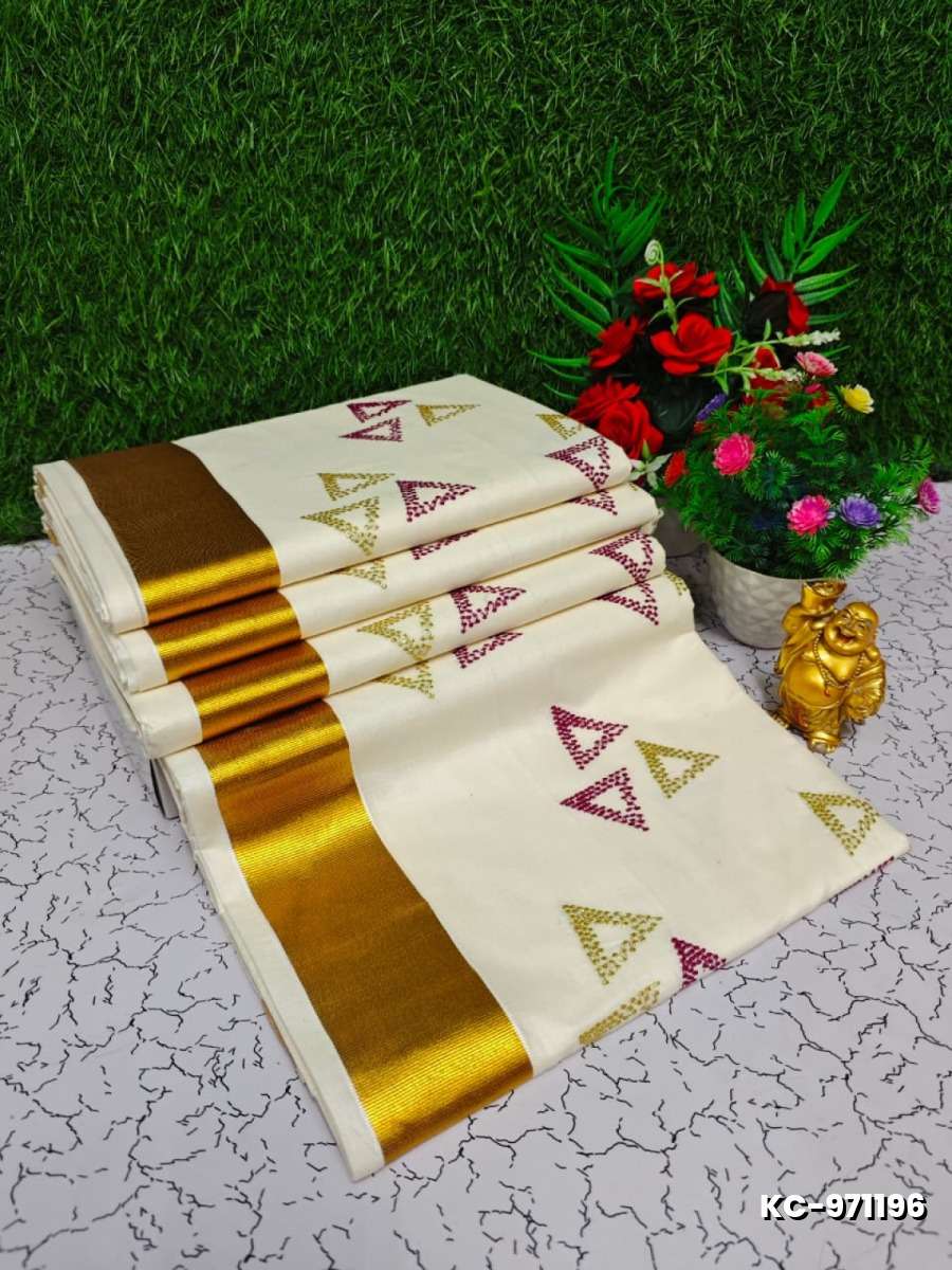 Trending kerala onam special kasavu saree full work embossed digital printing cotton saree collections - WHITE N (7)