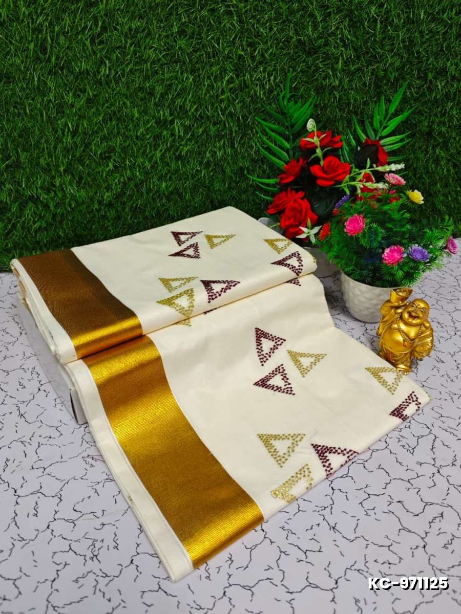 Trending kerala onam special kasavu saree full work embossed digital printing cotton saree collections - WHITE (8)