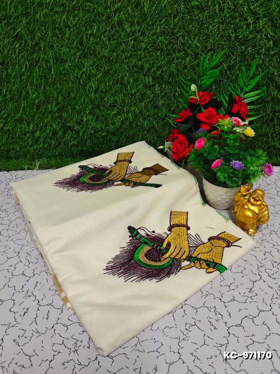 Trending kerala onam special kasavu saree full work embossed digital printing cotton saree collections - IVORY COLOUR (8)