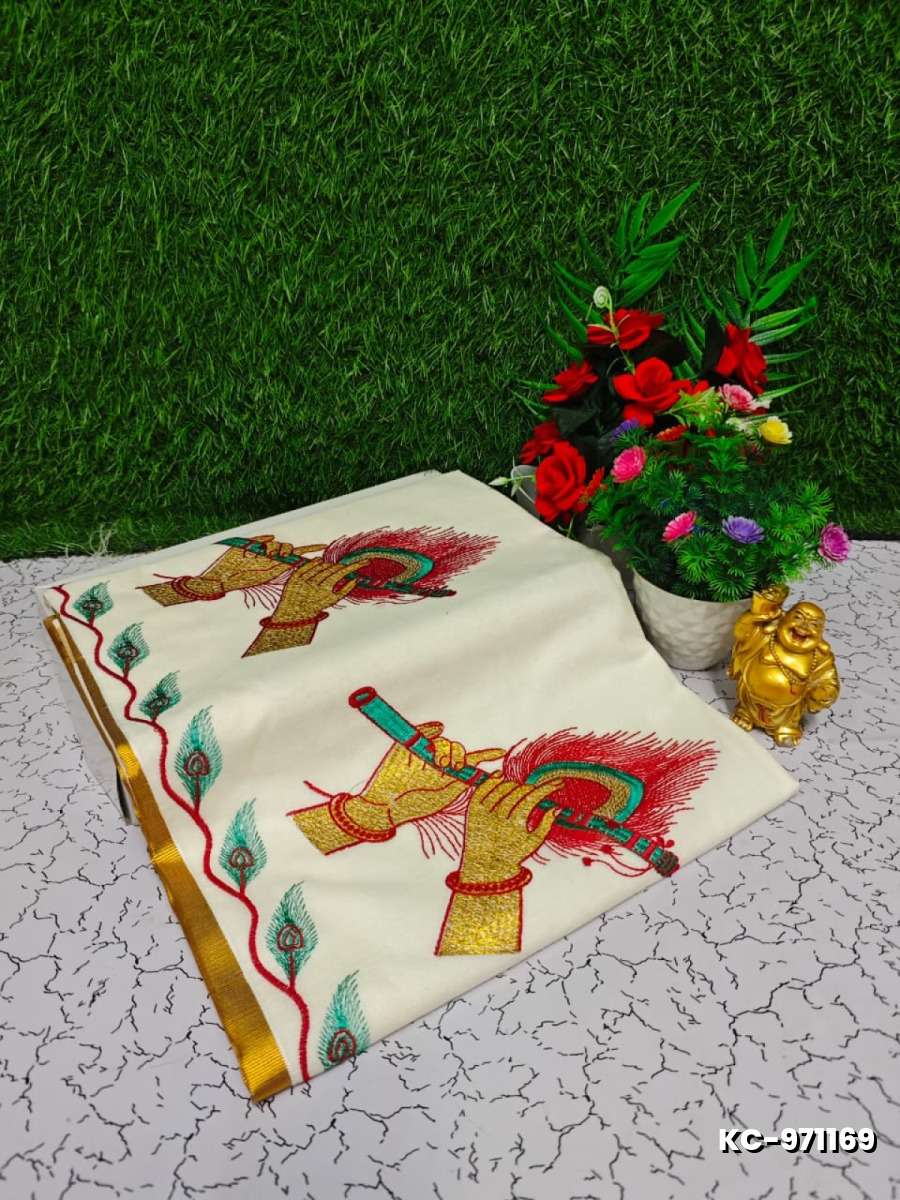 Trending kerala onam special kasavu saree full work embossed digital printing cotton saree collections - BEIGE COLOUR (8)