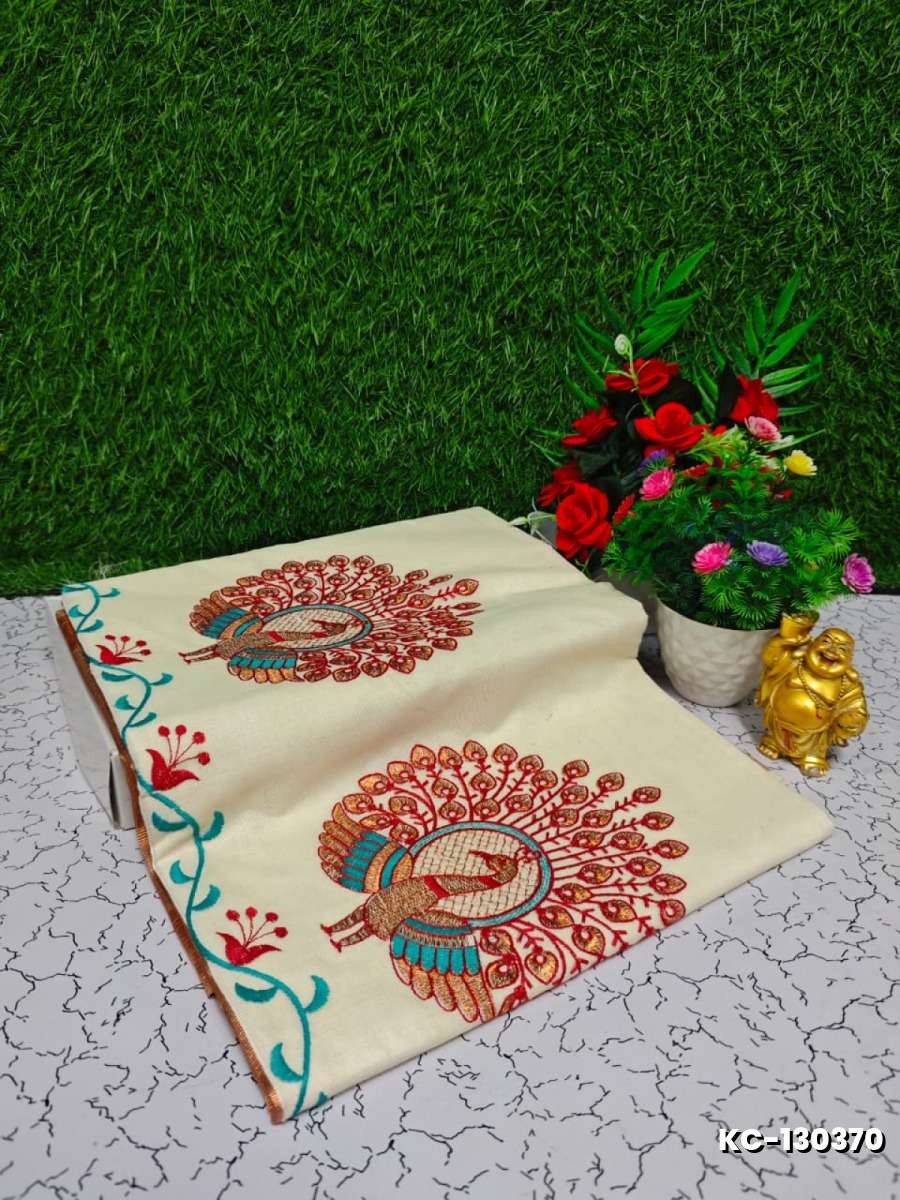Trending kerala onam special kasavu saree full work embossed digital printing cotton saree collections - IVORY COLOUR (11)