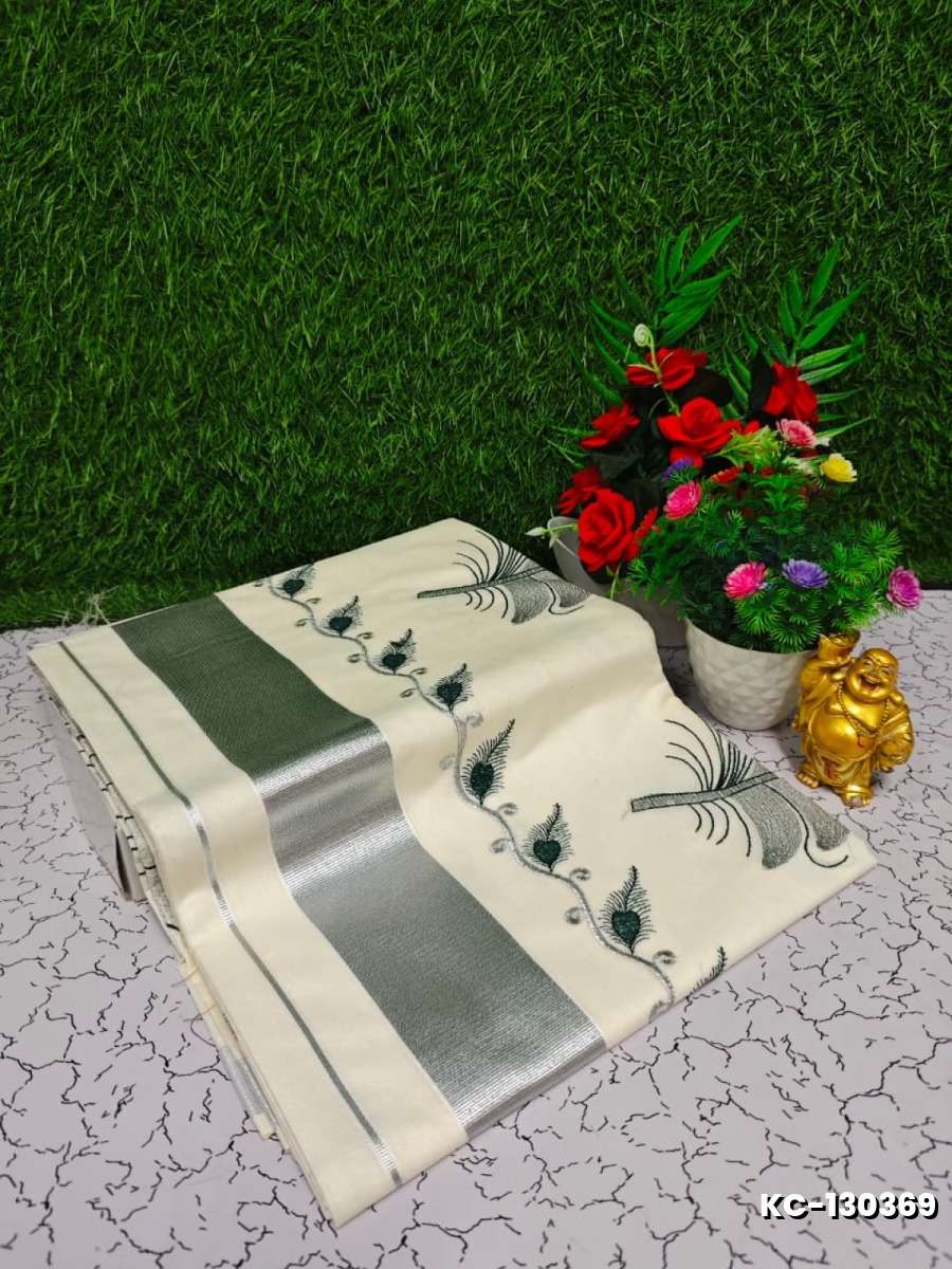 Trending kerala onam special kasavu saree full work embossed digital printing cotton saree collections - BEIGE COLOUR (11)