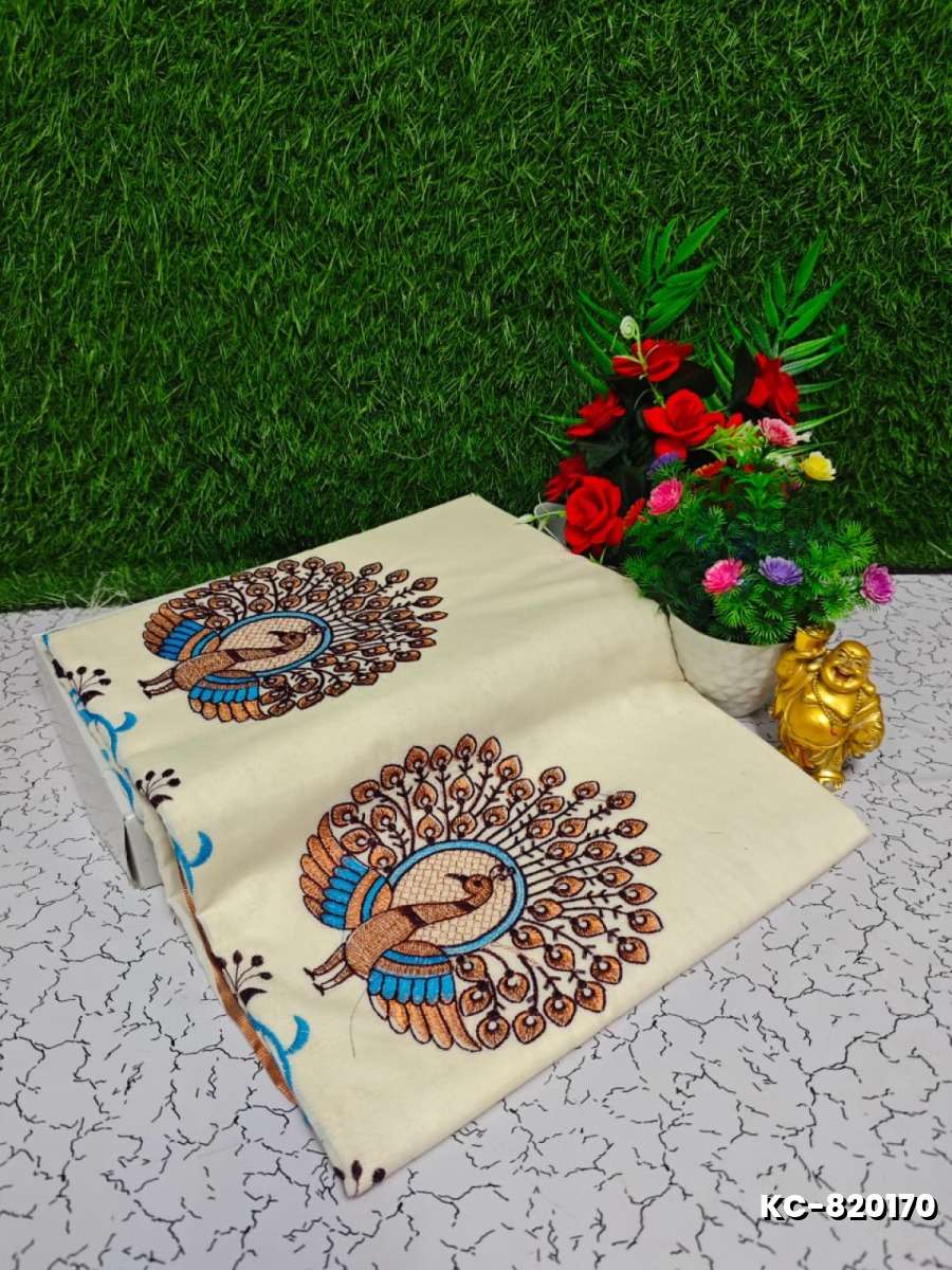 Trending kerala onam special kasavu saree full work embossed digital printing cotton saree collections - IVORY COLOUR (12)