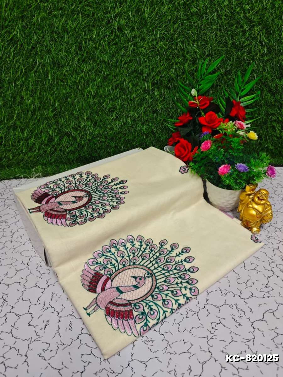 Trending kerala onam special kasavu saree full work embossed digital printing cotton saree collections - WHITE (12)