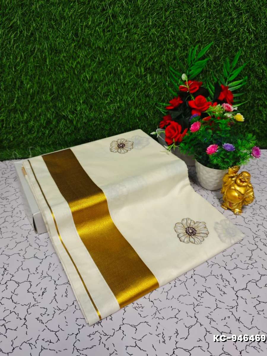 Trending kerala onam special kasavu saree full work embossed digital printing cotton saree collections - BEIGE COLOUR (15)