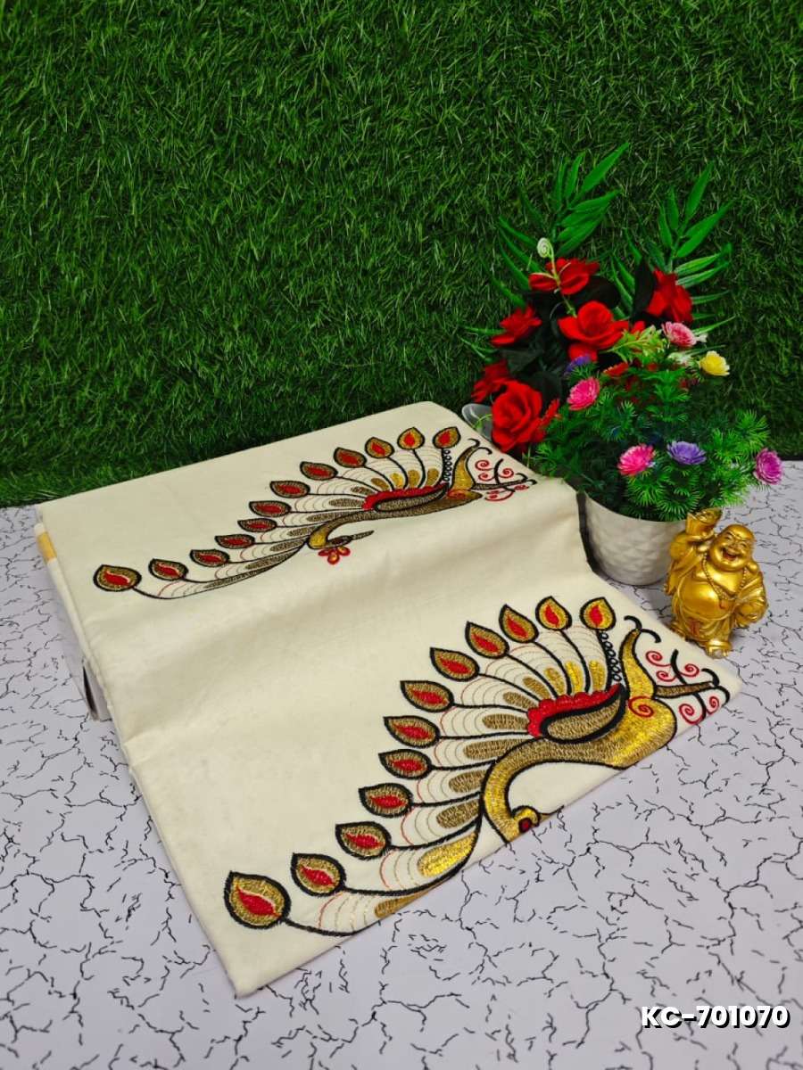 Trending kerala onam special kasavu saree full work embossed digital printing cotton saree collections - IVORY COLOUR (14)