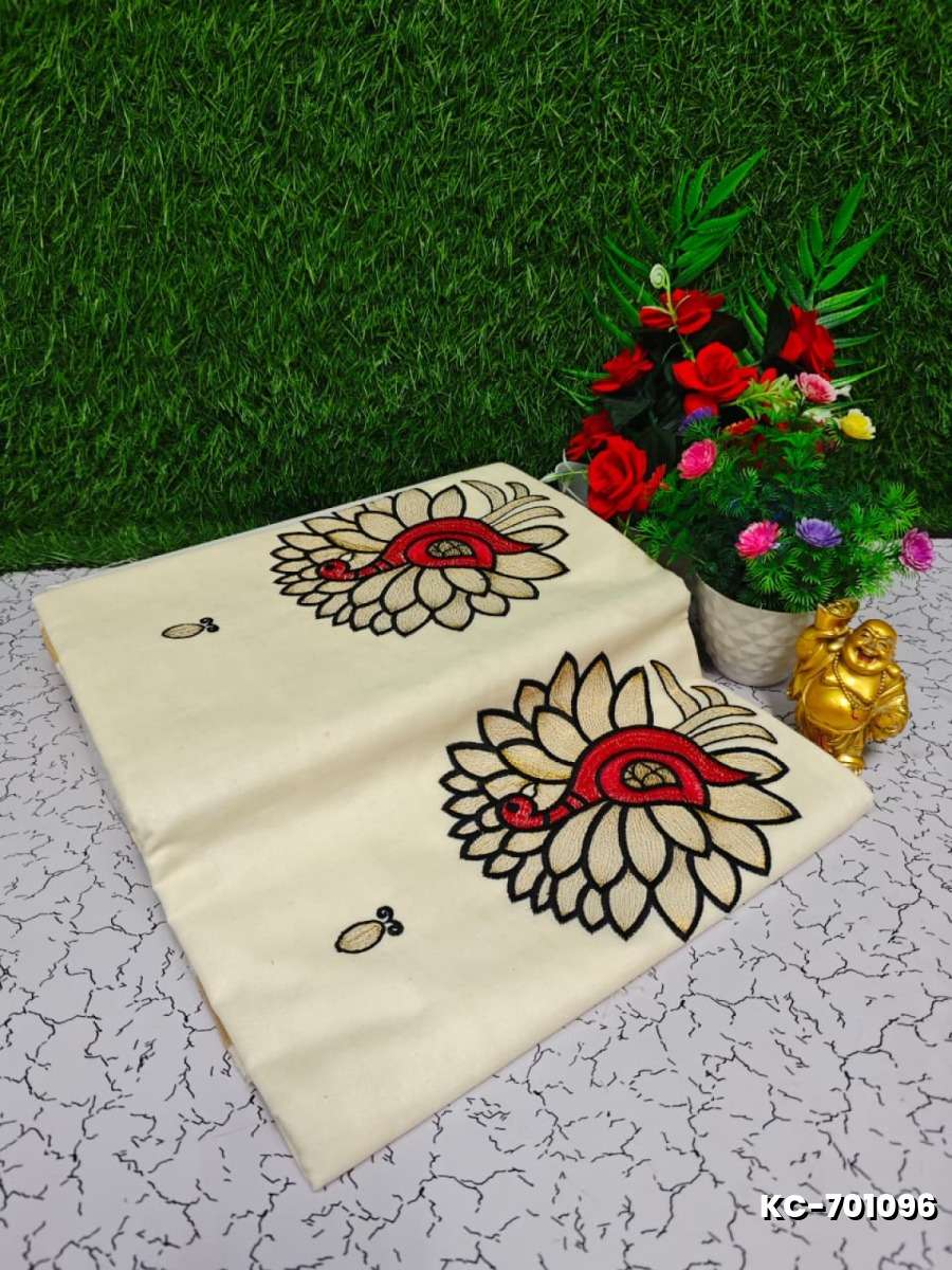 Trending kerala onam special kasavu saree full work embossed digital printing cotton saree collections - WHITE N (13)