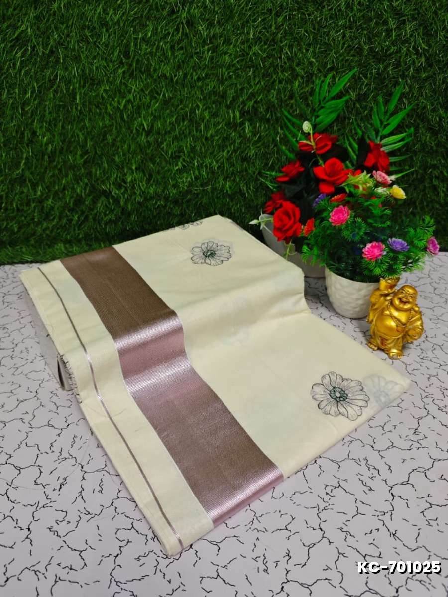 Trending kerala onam special kasavu saree full work embossed digital printing cotton saree collections - WHITE (14)