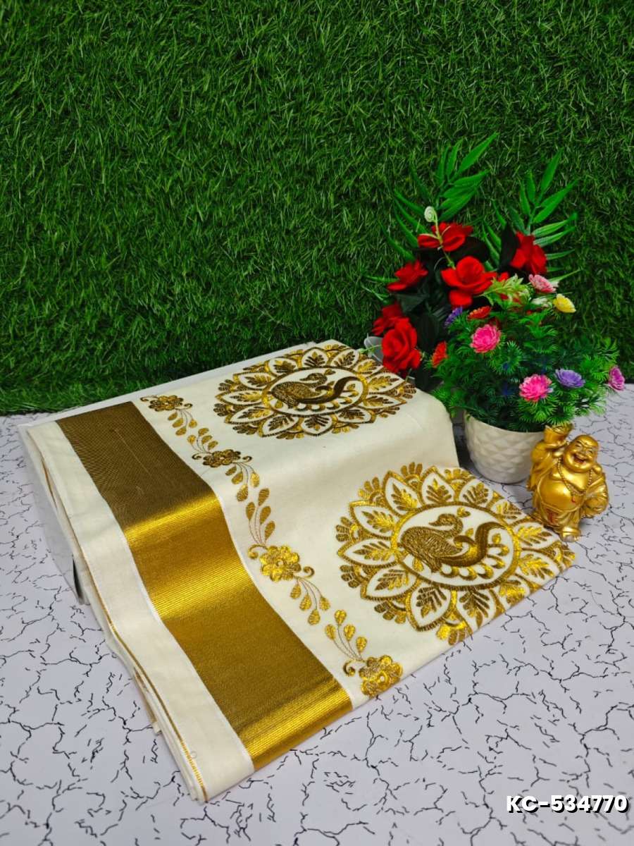Trending kerala onam special kasavu saree full work embossed digital printing cotton saree collections - IVORY COLOUR (13)
