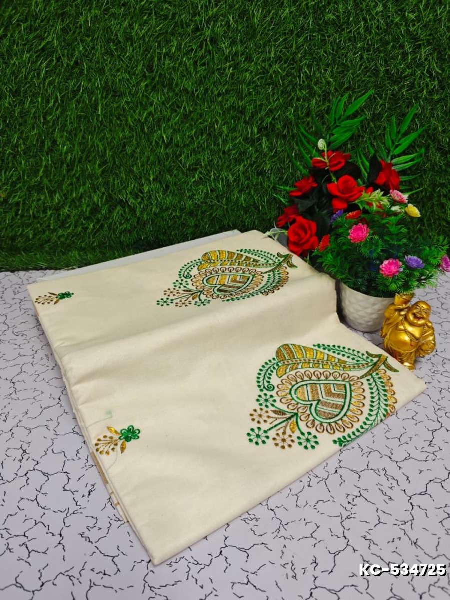 Trending kerala onam special kasavu saree full work embossed digital printing cotton saree collections - WHITE (13)