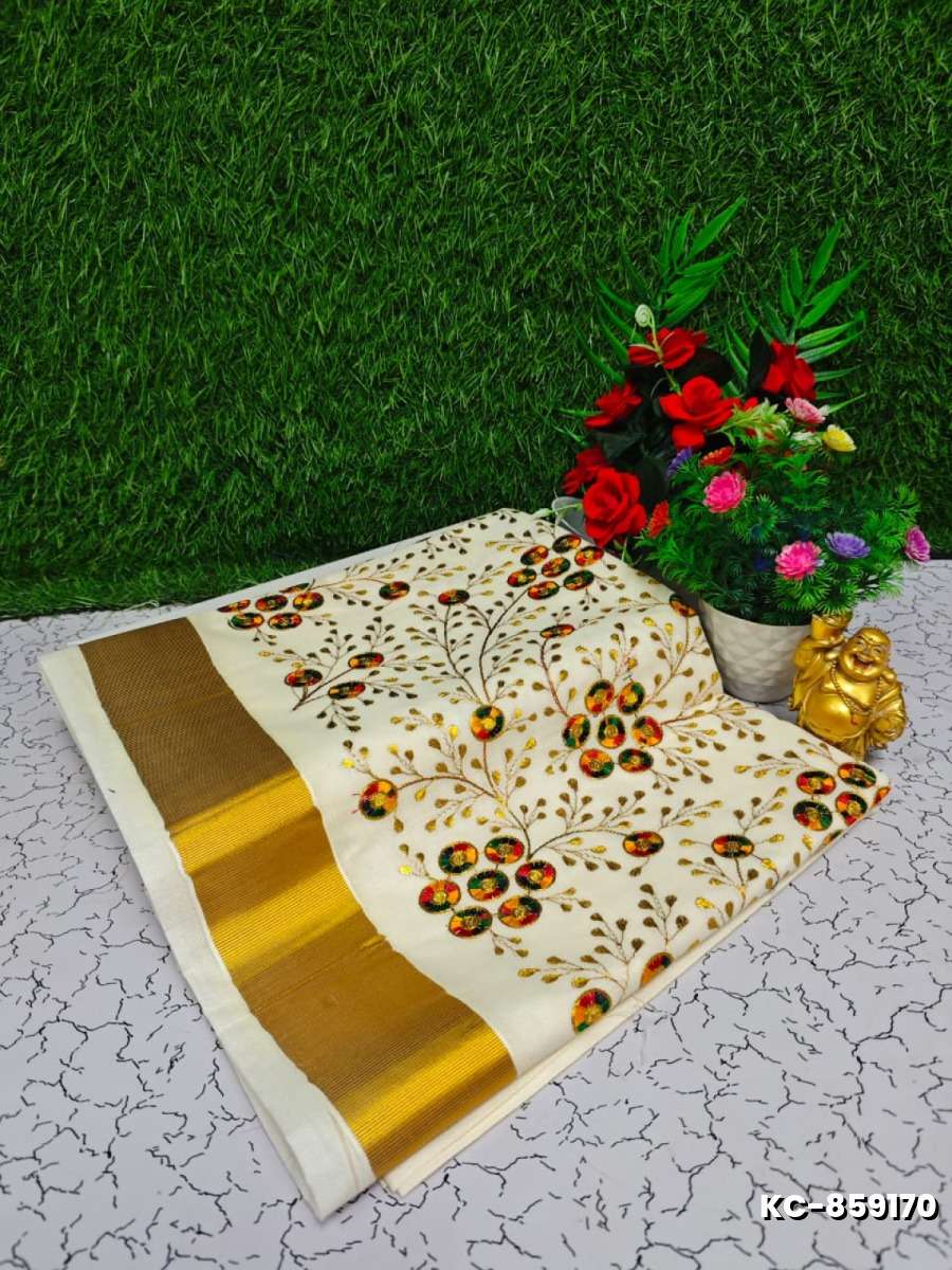 Trending kerala onam special kasavu saree full work embossed digital printing cotton saree collections - IVORY COLOUR (16)