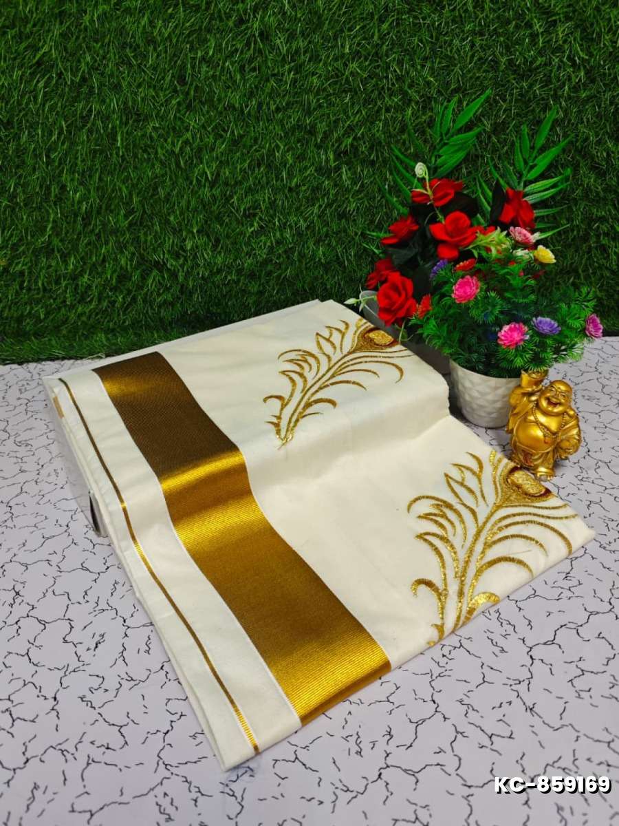Trending kerala onam special kasavu saree full work embossed digital printing cotton saree collections - BEIGE COLOUR (16)