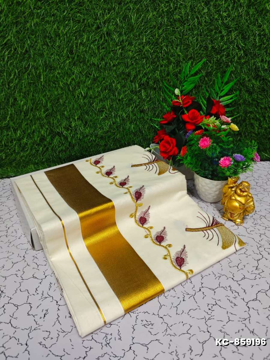 Trending kerala onam special kasavu saree full work embossed digital printing cotton saree collections - WHITE N (15)