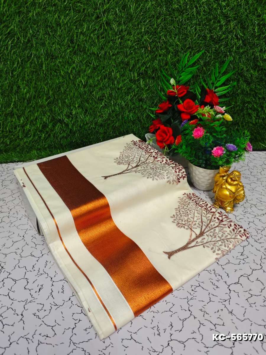 Trending kerala onam special kasavu saree full work embossed digital printing cotton saree collections - IVORY COLOUR (18)