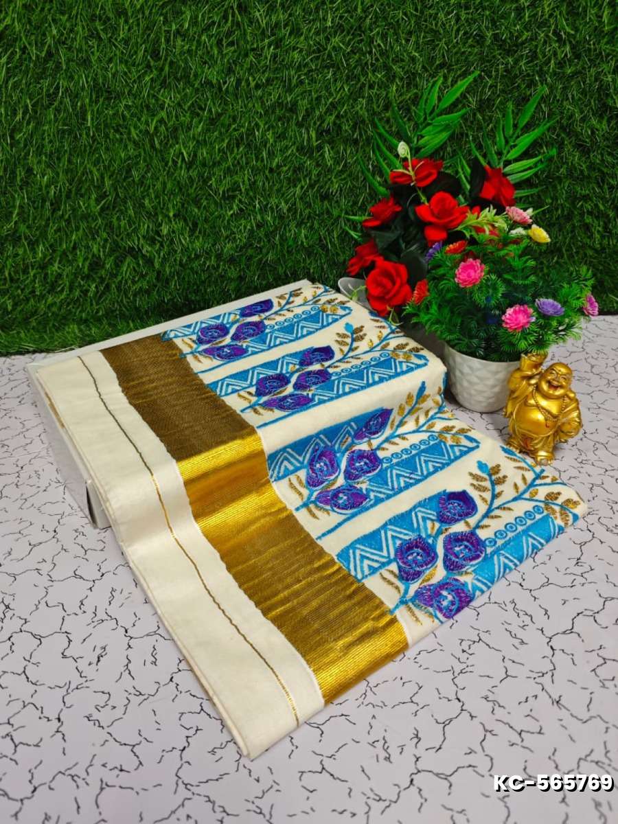 Trending kerala onam special kasavu saree full work embossed digital printing cotton saree collections - BEIGE COLOUR (18)