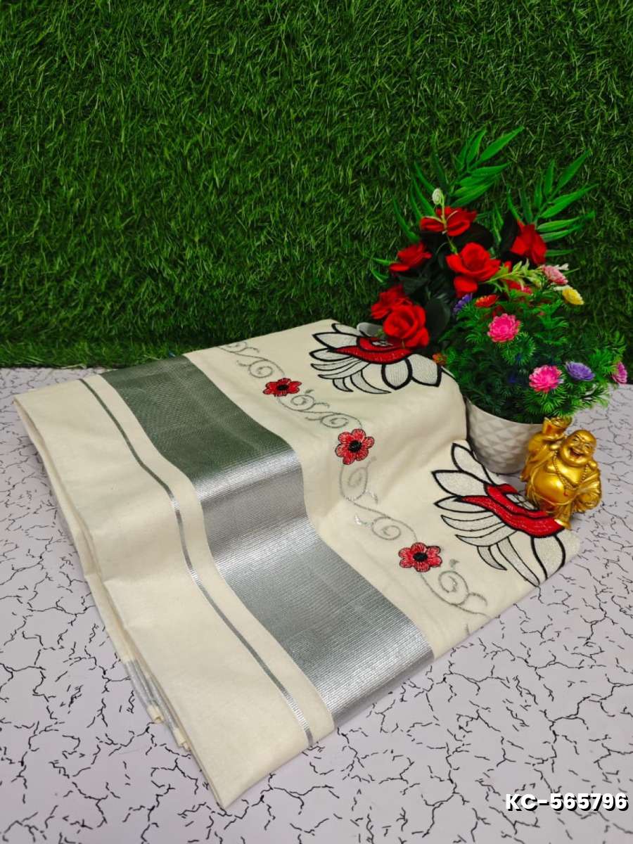 Trending kerala onam special kasavu saree full work embossed digital printing cotton saree collections - WHITE N (17)