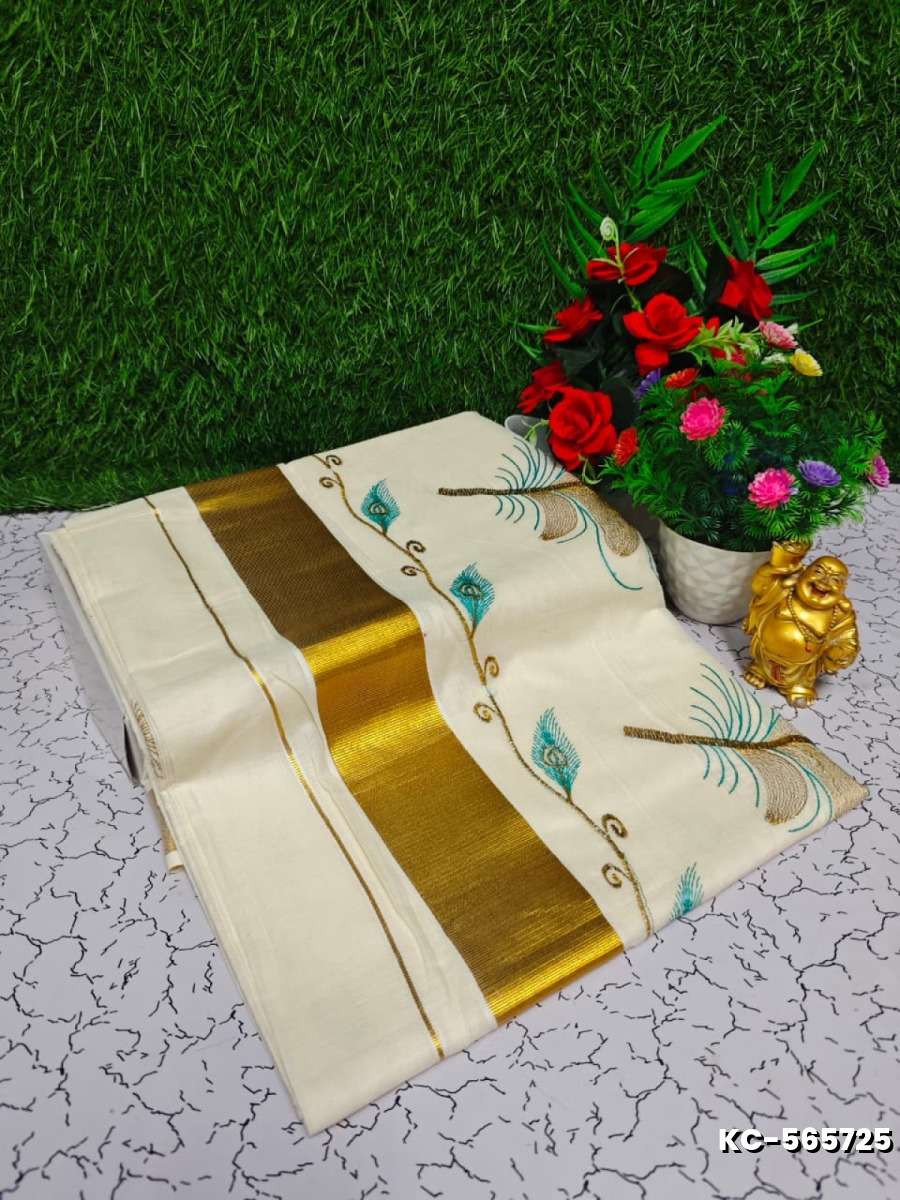 Trending kerala onam special kasavu saree full work embossed digital printing cotton saree collections - WHITE (18)
