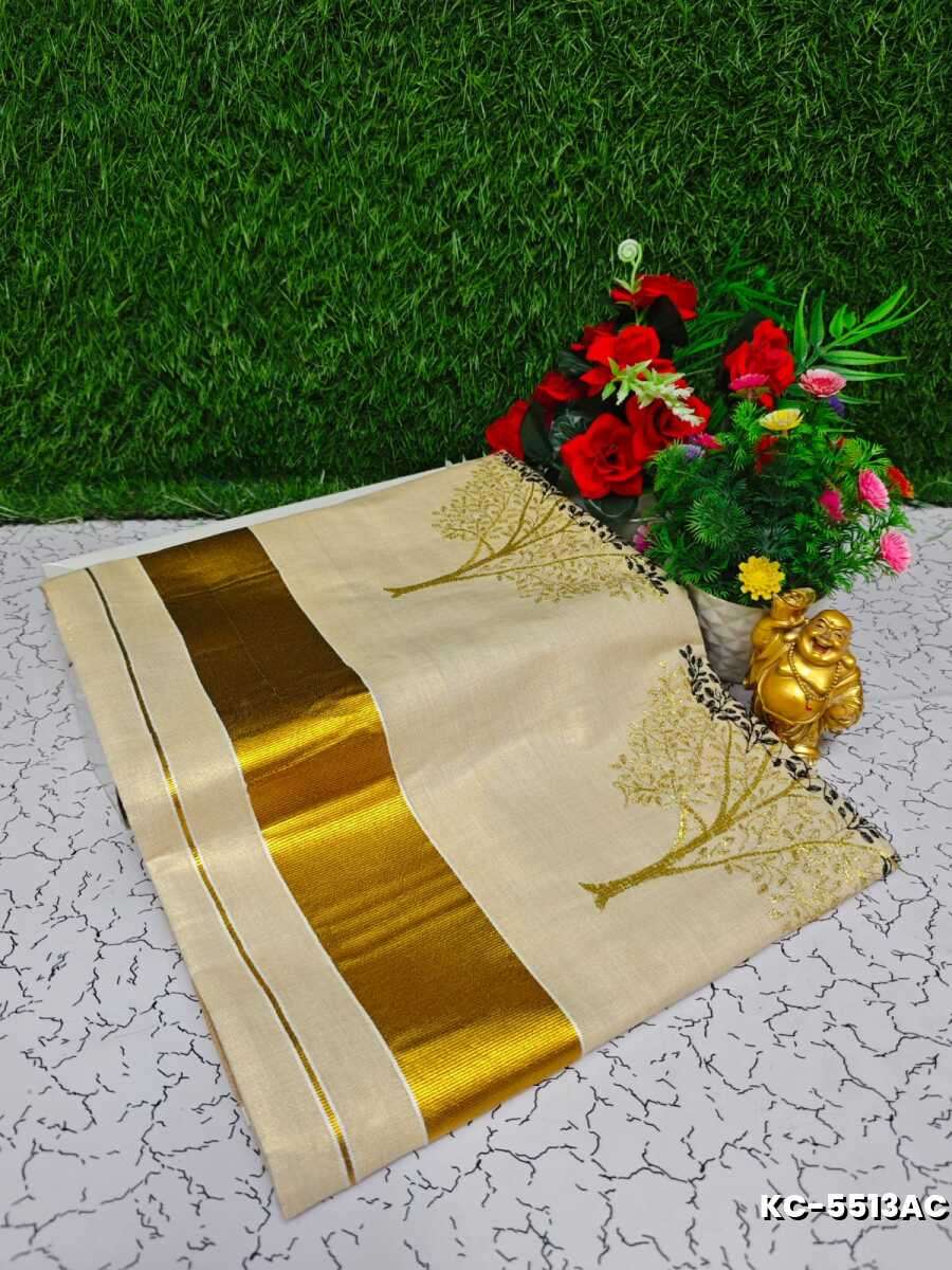 Trending Kerala Onam Special Kasavu Saree Full Work Embossed Digital Printing Tissue Saree Collections - LIGHT GOLD