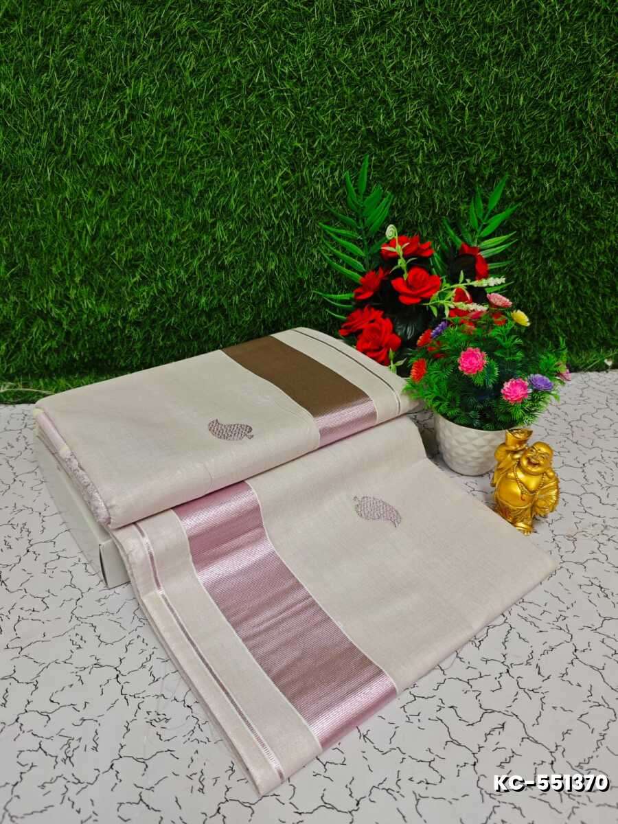 Trending Kerala Onam Special Kasavu Saree Full Work Embossed Digital Printing Tissue Saree Collections - IVORY COLOUR