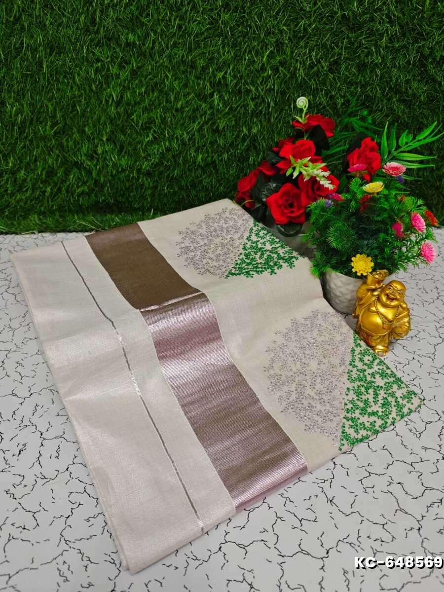 Trending Kerala Onam Special Kasavu Saree Full Work Embossed Digital Printing Tissue Saree Collections - BEIGE COLOUR (1)
