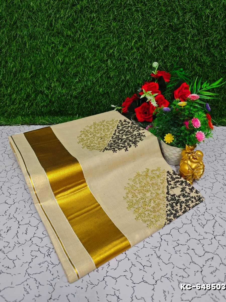 Trending Kerala Onam Special Kasavu Saree Full Work Embossed Digital Printing Tissue Saree Collections - GOLD (1)