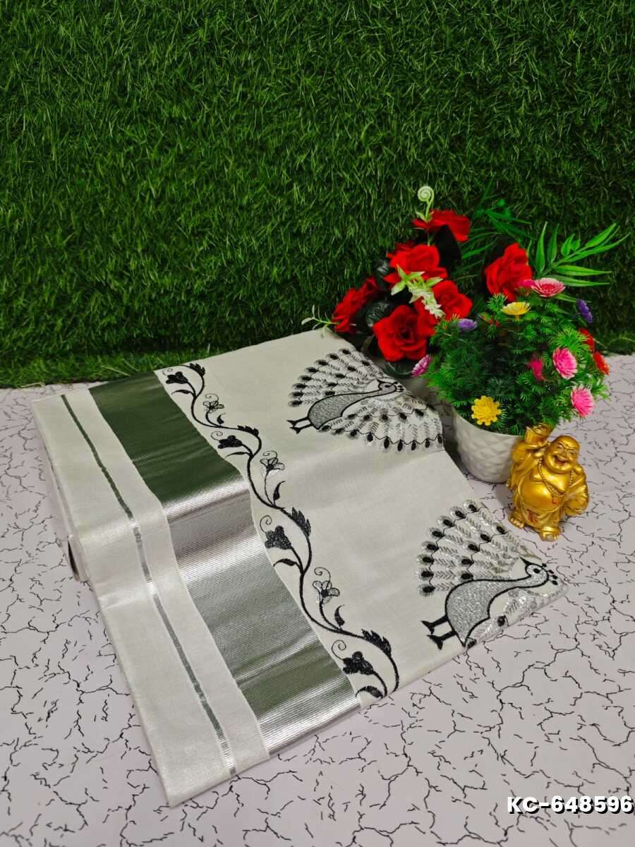 Trending Kerala Onam Special Kasavu Saree Full Work Embossed Digital Printing Tissue Saree Collections - WHITE N (1)