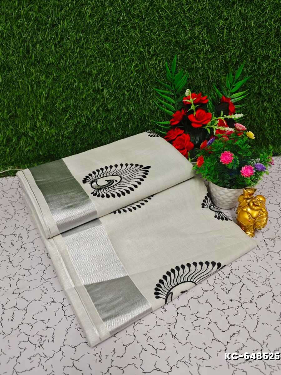 Trending Kerala Onam Special Kasavu Saree Full Work Embossed Digital Printing Tissue Saree Collections - WHITE (1)